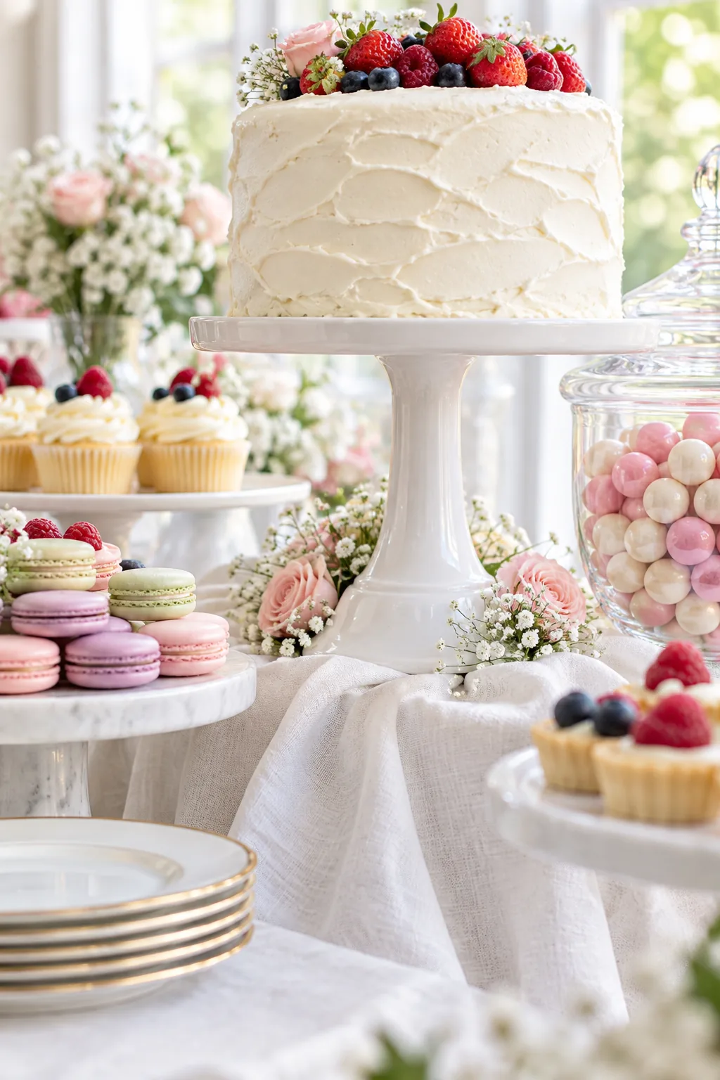 Baby's breath and pink roses tucked around the base of a cake stand.