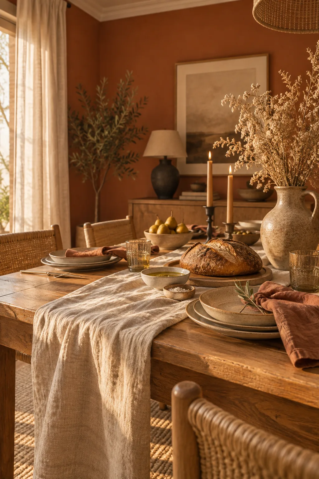 Dining room with warm terracotta walls, linen curtains, and woven chairs