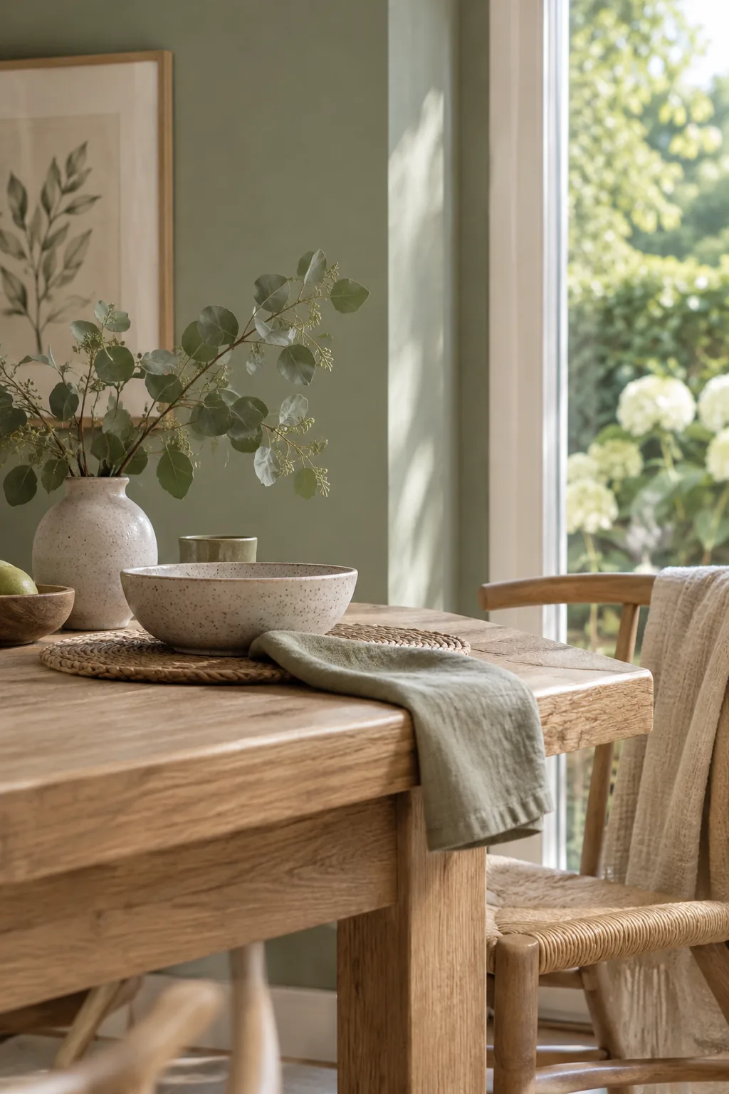 Sage green dining room with a mix of dark and light wood furniture