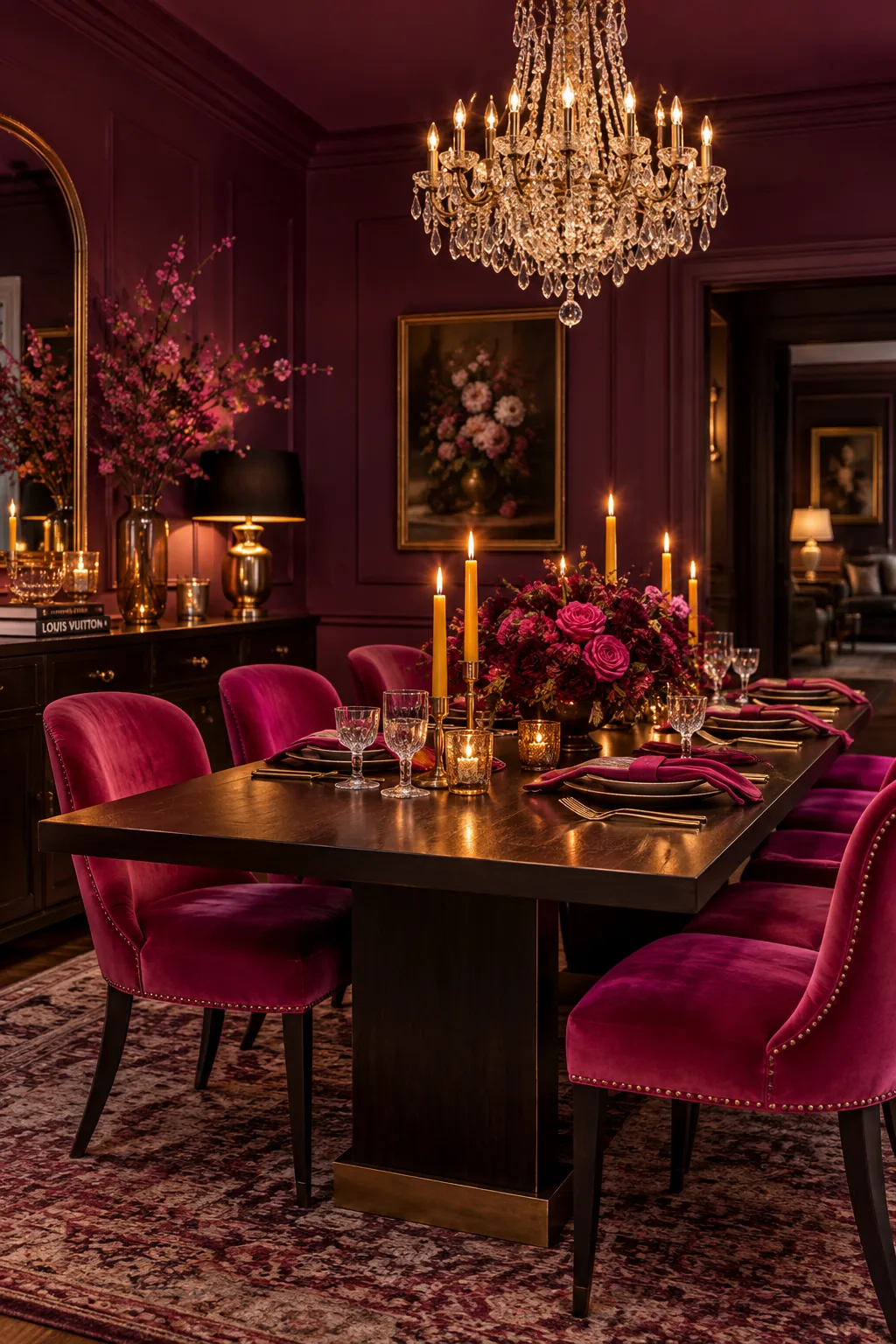 Formal dining room painted entirely in moody plum with a crystal chandelier