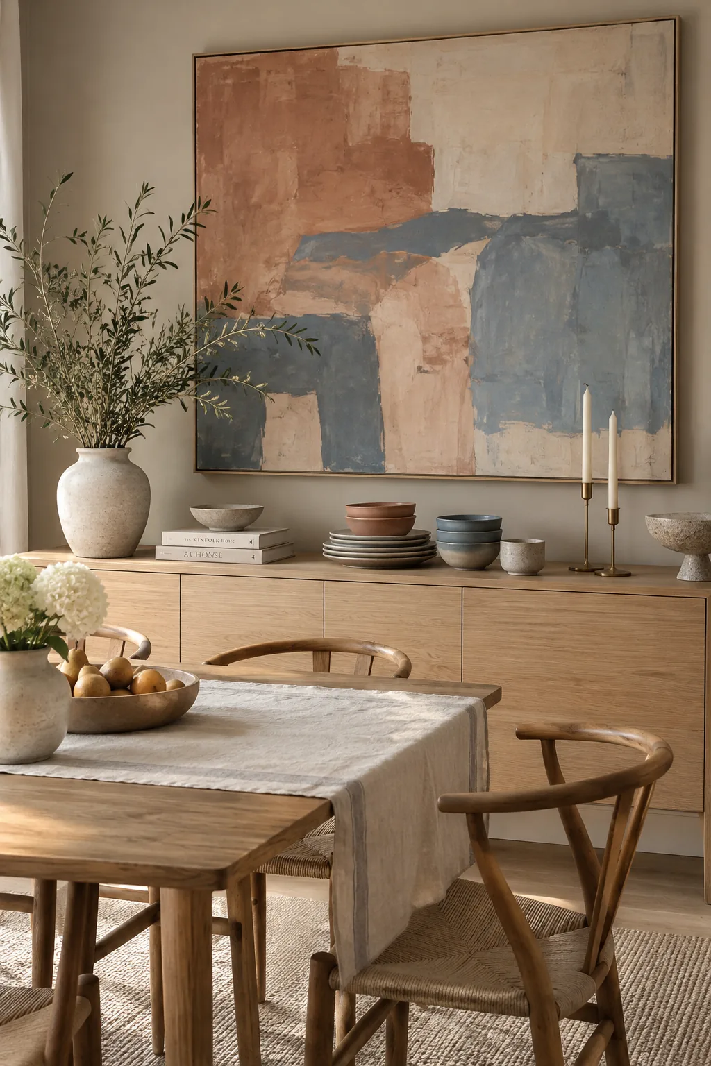 Soft greige dining room with colorful dinnerware and large statement art