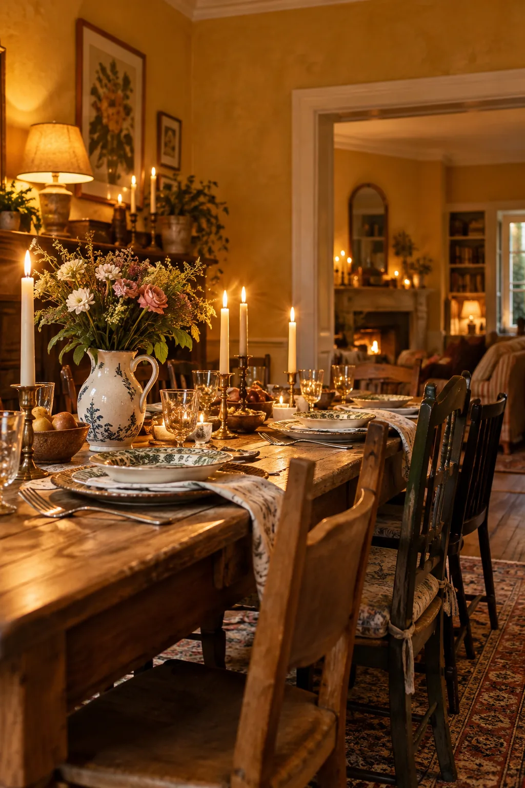 Vibrant mustard yellow dining room glowing warmly