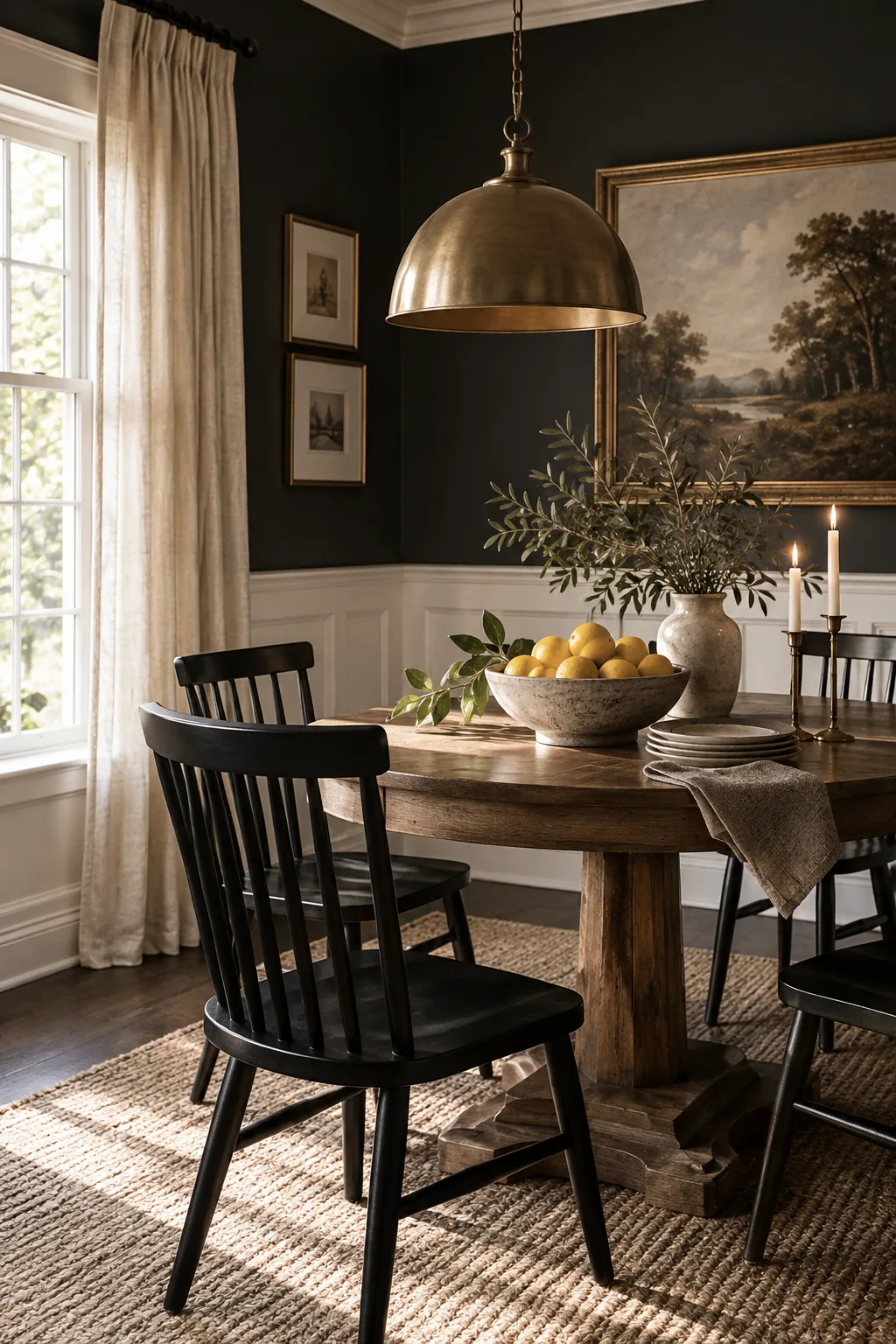 Dining room with charcoal black upper walls and crisp white wainscoting