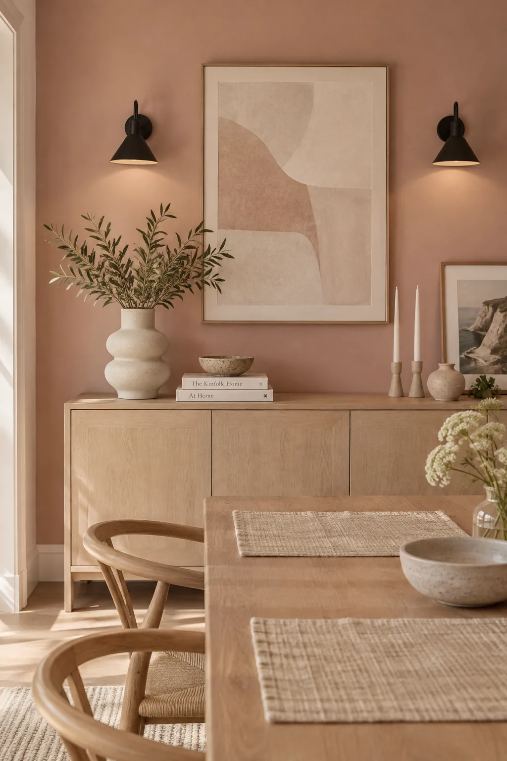 Minimalist dining room with dusty blush walls and matte black hardware