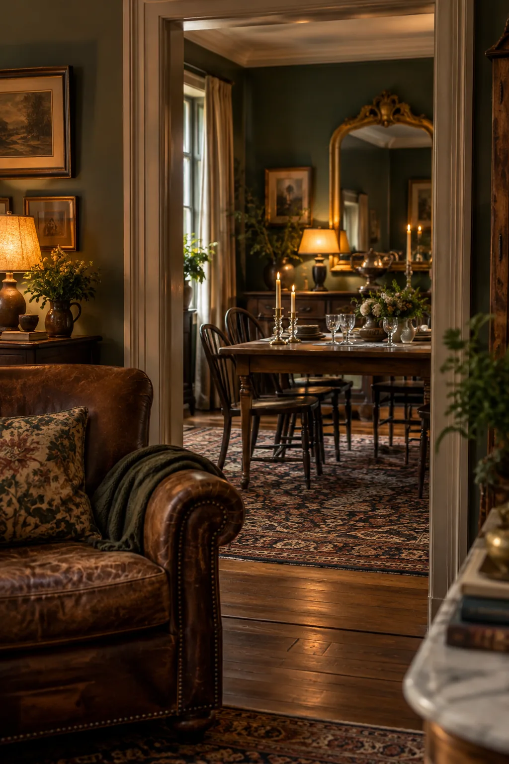 Forest green dining room with a vintage mirror and leather chairs