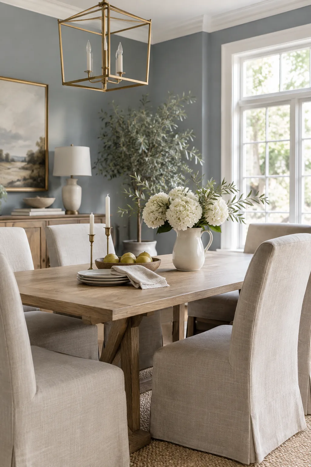 Dining room with slate blue walls, bright white trim, and linen chairs