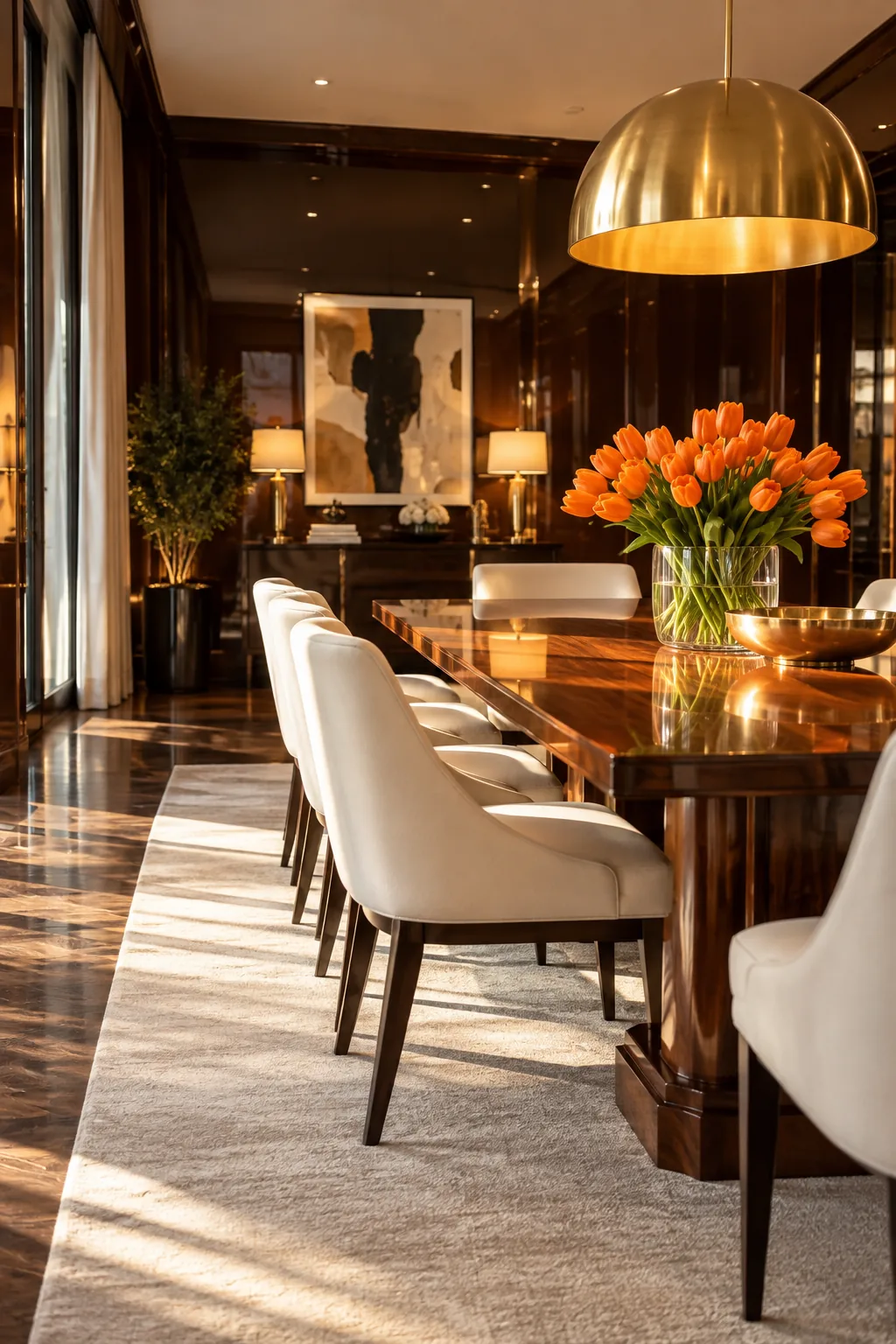 High-gloss chocolate brown dining room walls with white upholstered chairs