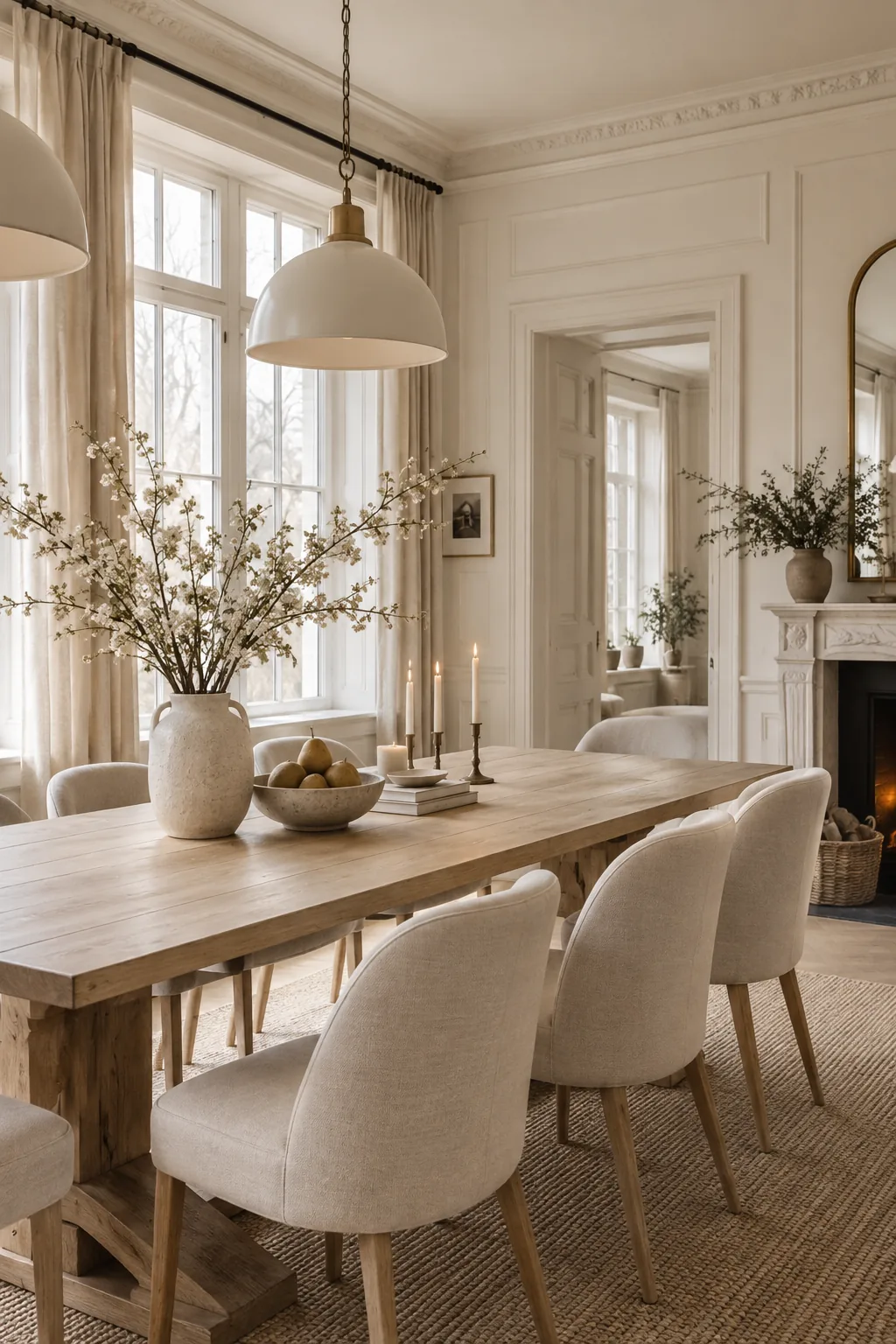 Elegant dining room painted in classic cream highlighting architectural details