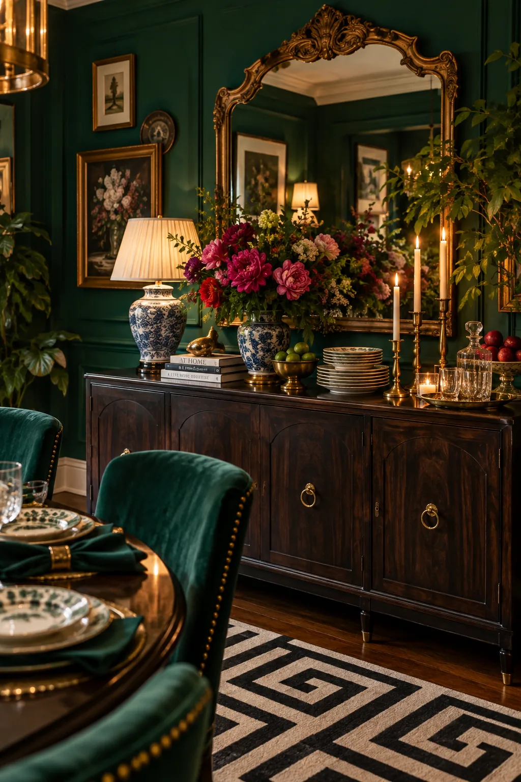 Vibrant emerald green dining room featuring a bold geometric rug