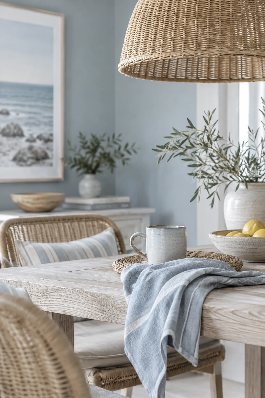 Airy dining room with pale blue-gray walls and rattan pendant lights