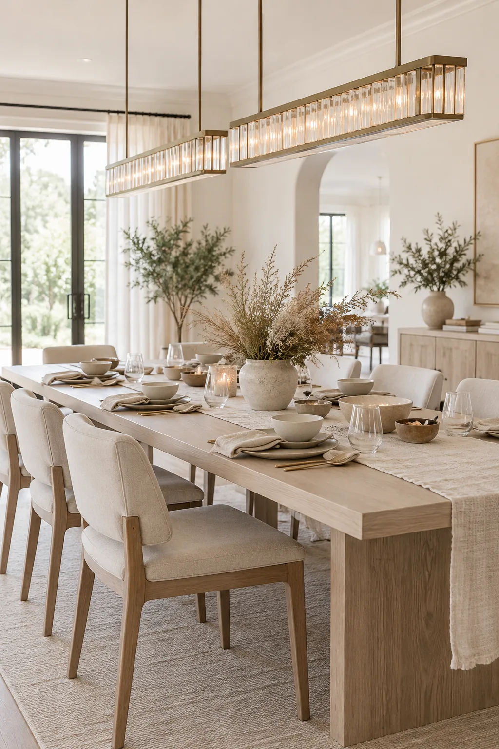Two identical linear brass chandeliers hanging side by side over a long dining table.