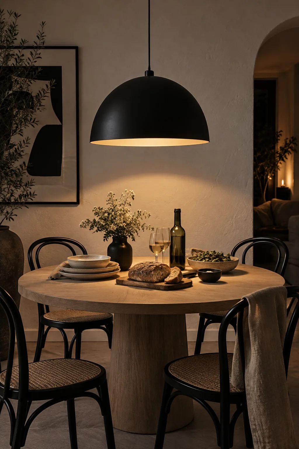 Matte black industrial dome pendant light over a modern dining table.
