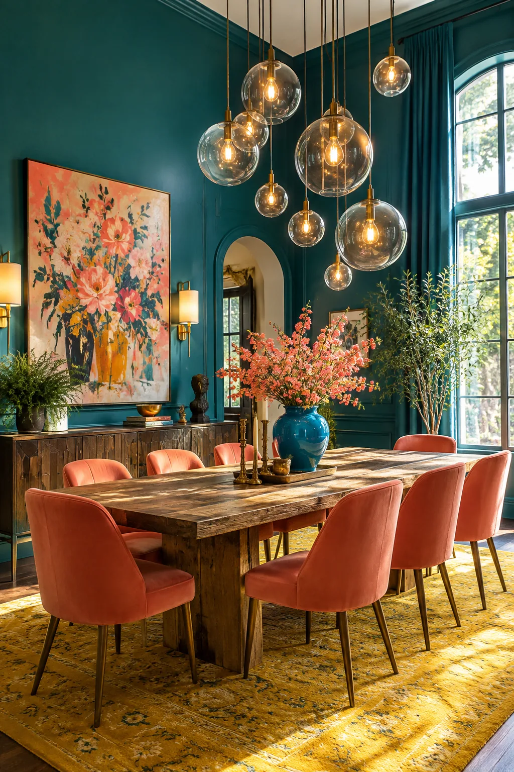 Staggered clear glass globe pendant lights hanging at different heights over a dining table.