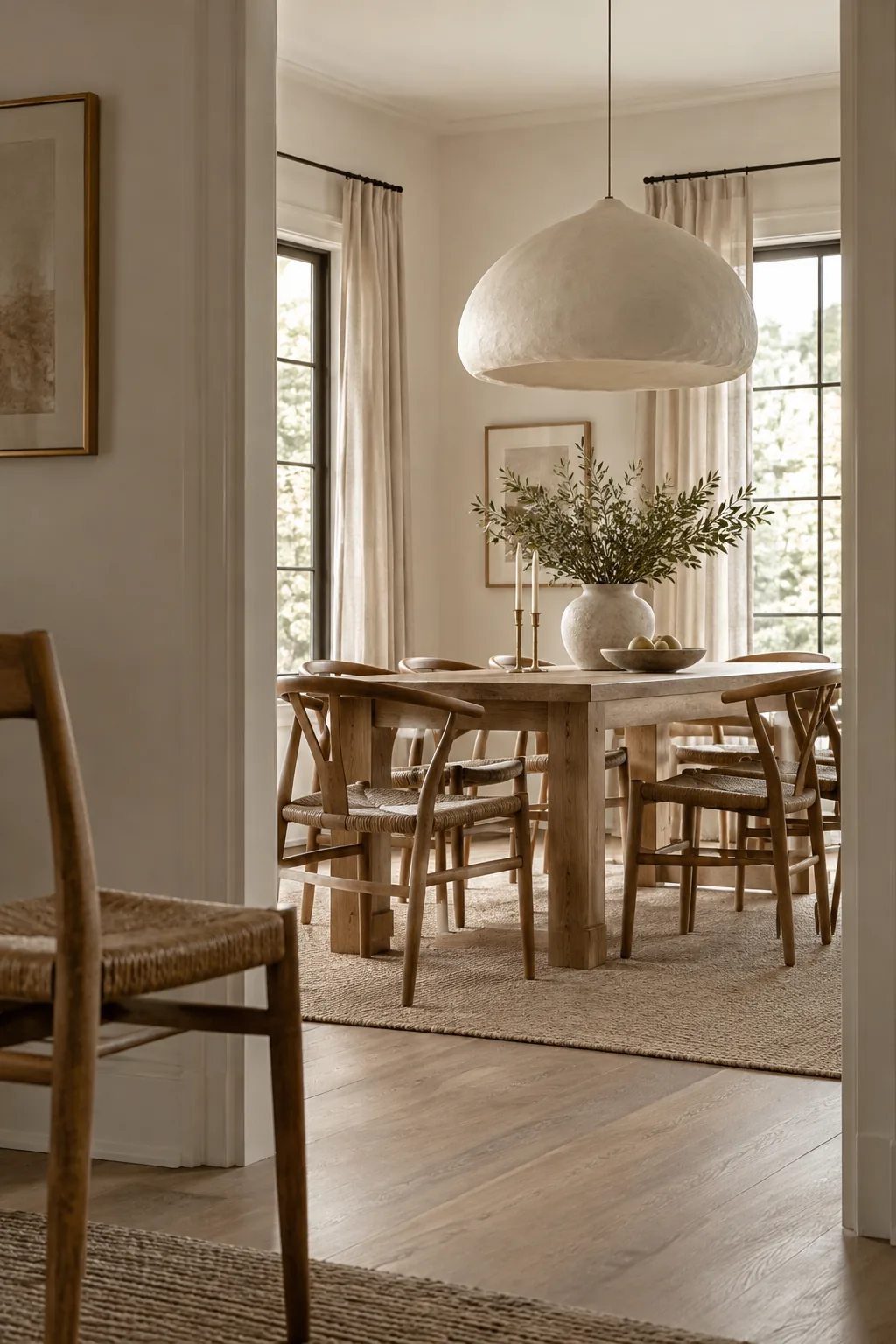 Minimalist white sculptural plaster pendant light in a modern neutral dining room.