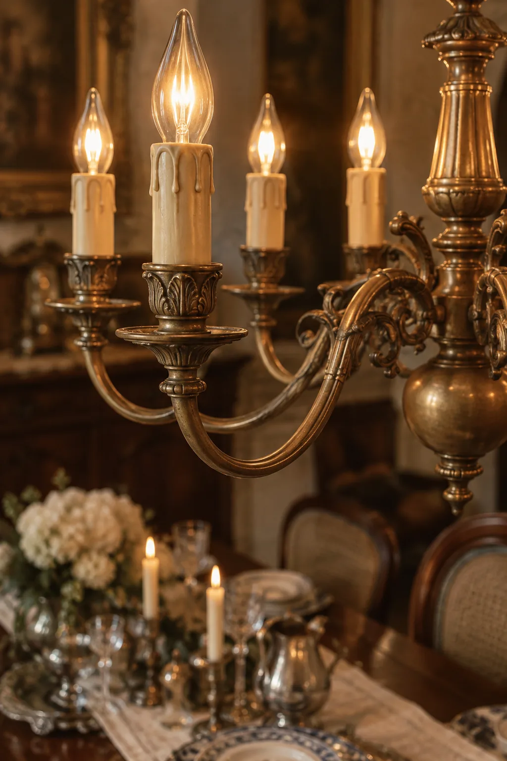 Unlacquered vintage brass candelabra chandelier above a traditional dining table.