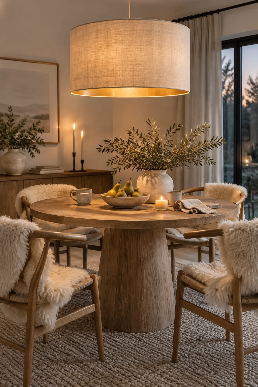 Massive white linen drum shade pendant light over a wooden dining table.
