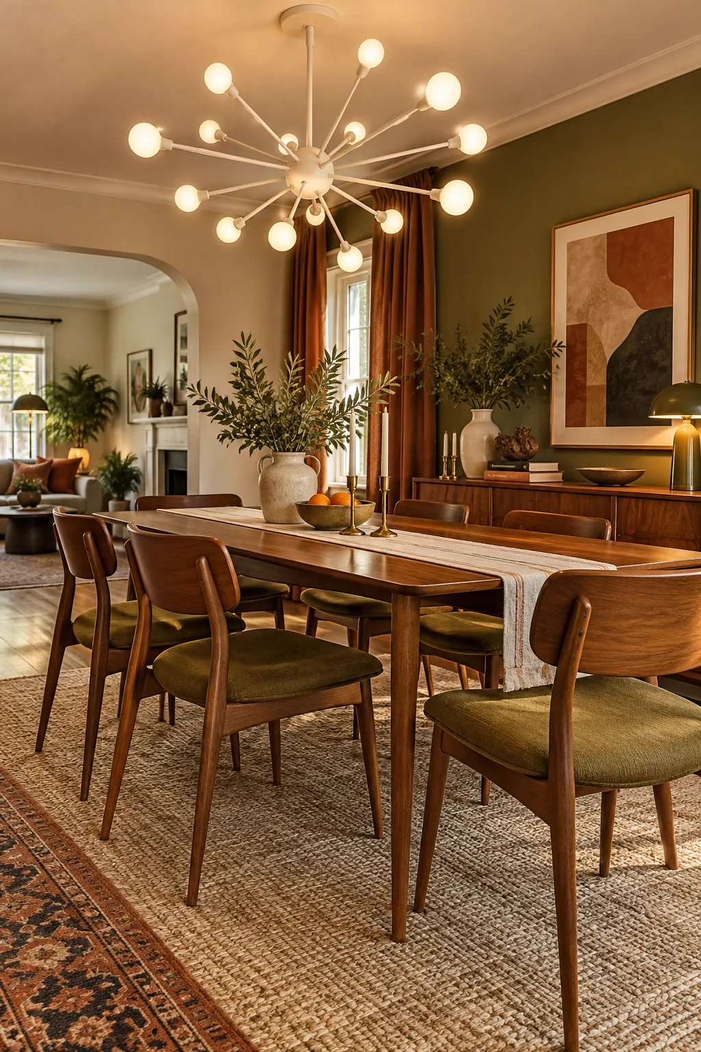 Mid-century modern Sputnik chandelier in brushed nickel over a dining set.