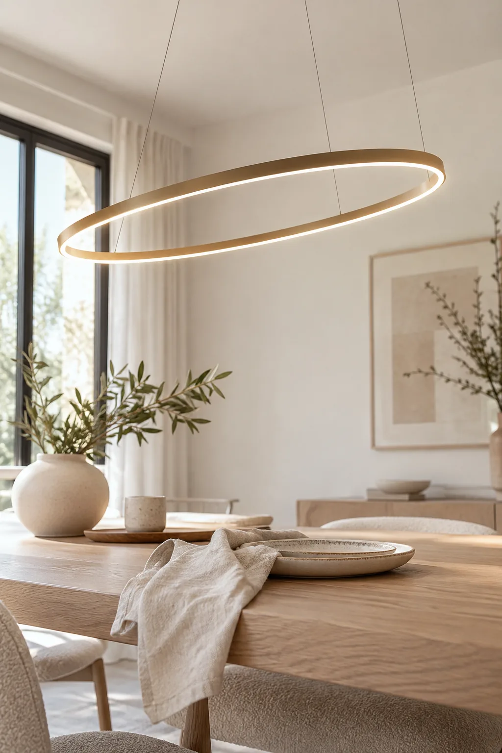 Floating LED halo ring light suspended by thin cables over a minimalist dining table.