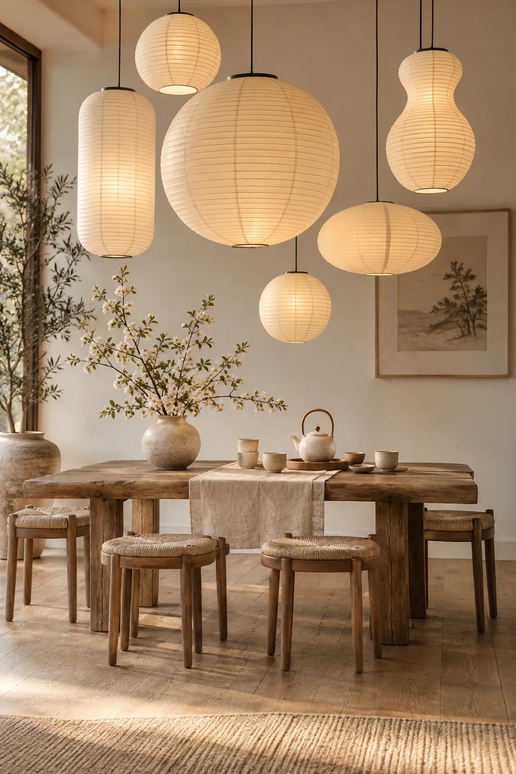 Cluster of different sized Japanese-style paper lanterns hanging over a casual dining table.