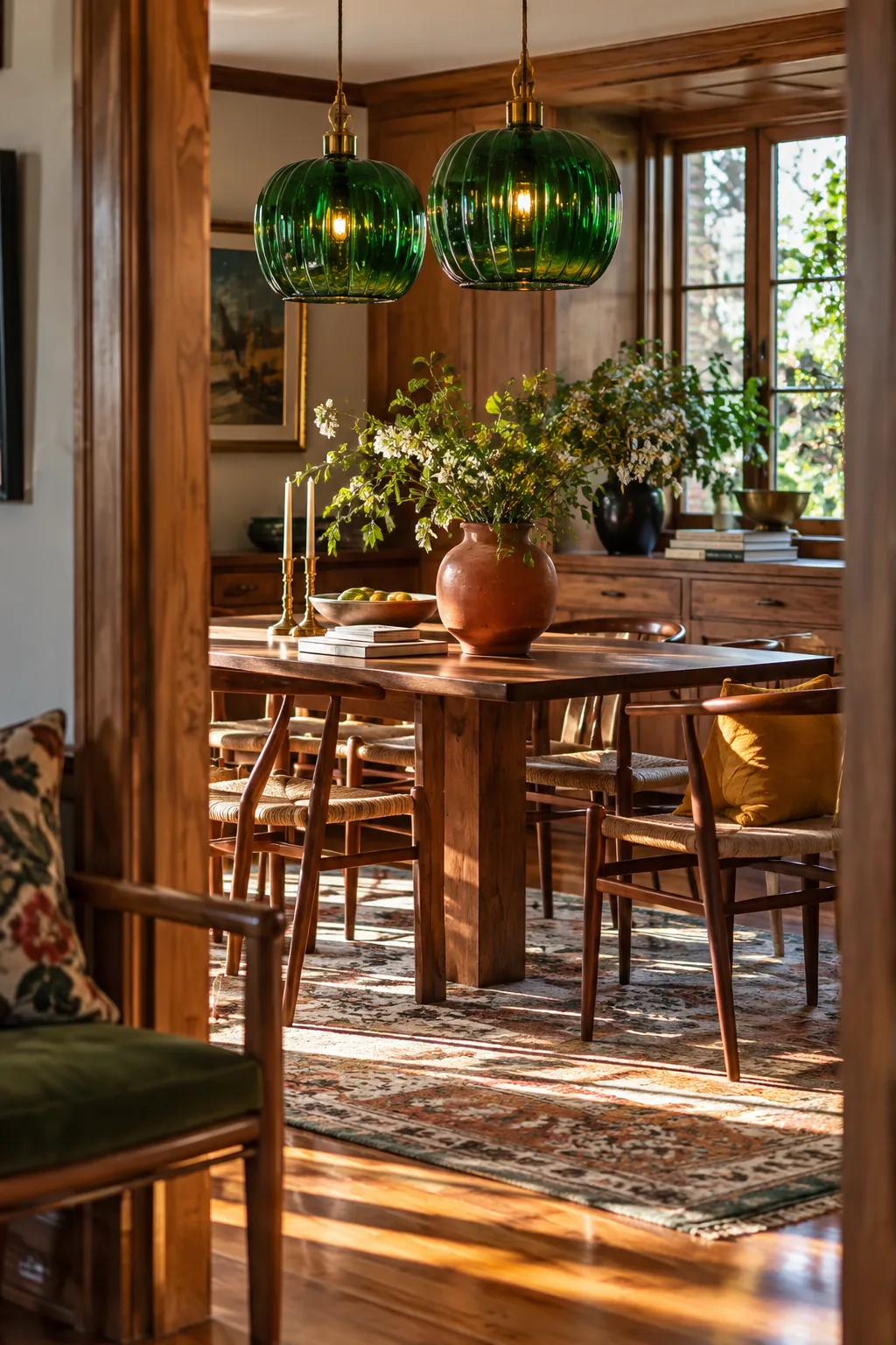 Two emerald green glass pendant lights hanging over a wood dining table.