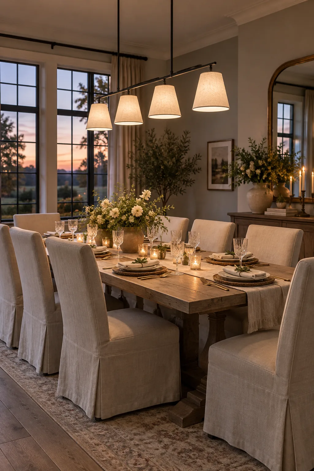 Linear iron chandelier with classic white tapered lamp shades over a dining table.