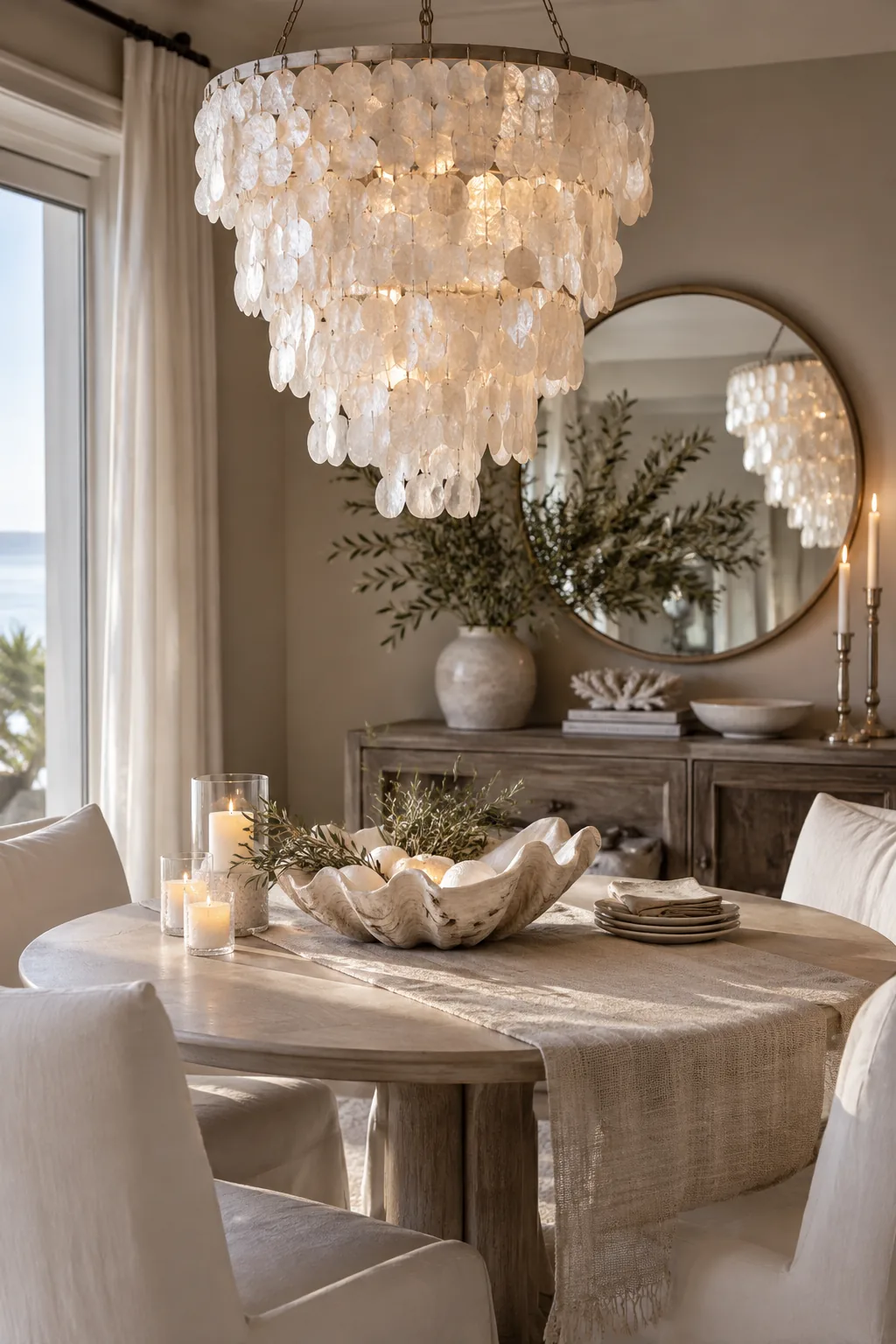 Cascading capiz shell chandelier over a coastal-inspired dining table.