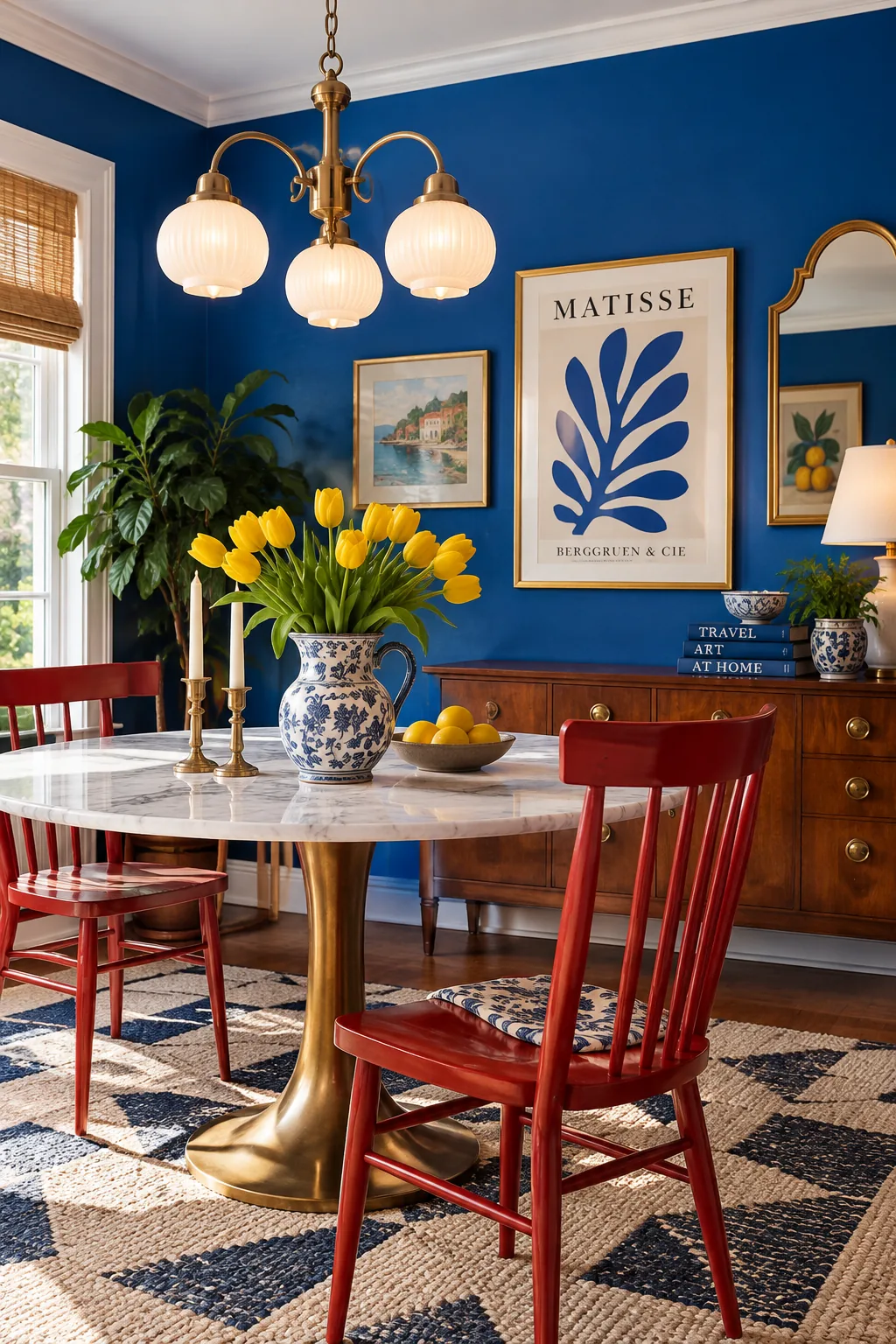 Vintage brass light fixture with fluted milk glass shades in a bright dining room.