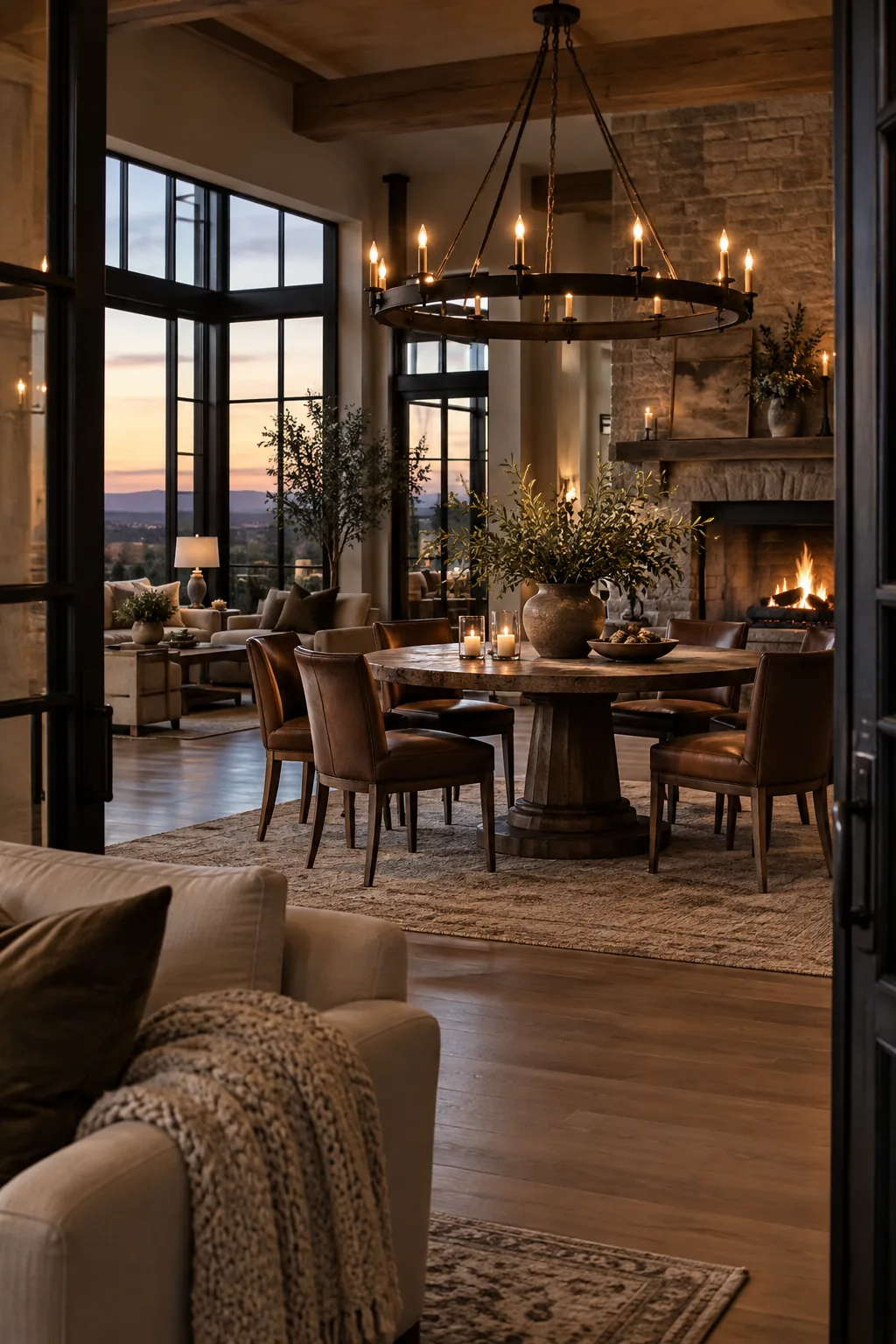 Heavy wrought iron ring chandelier hanging over a round wooden dining table.