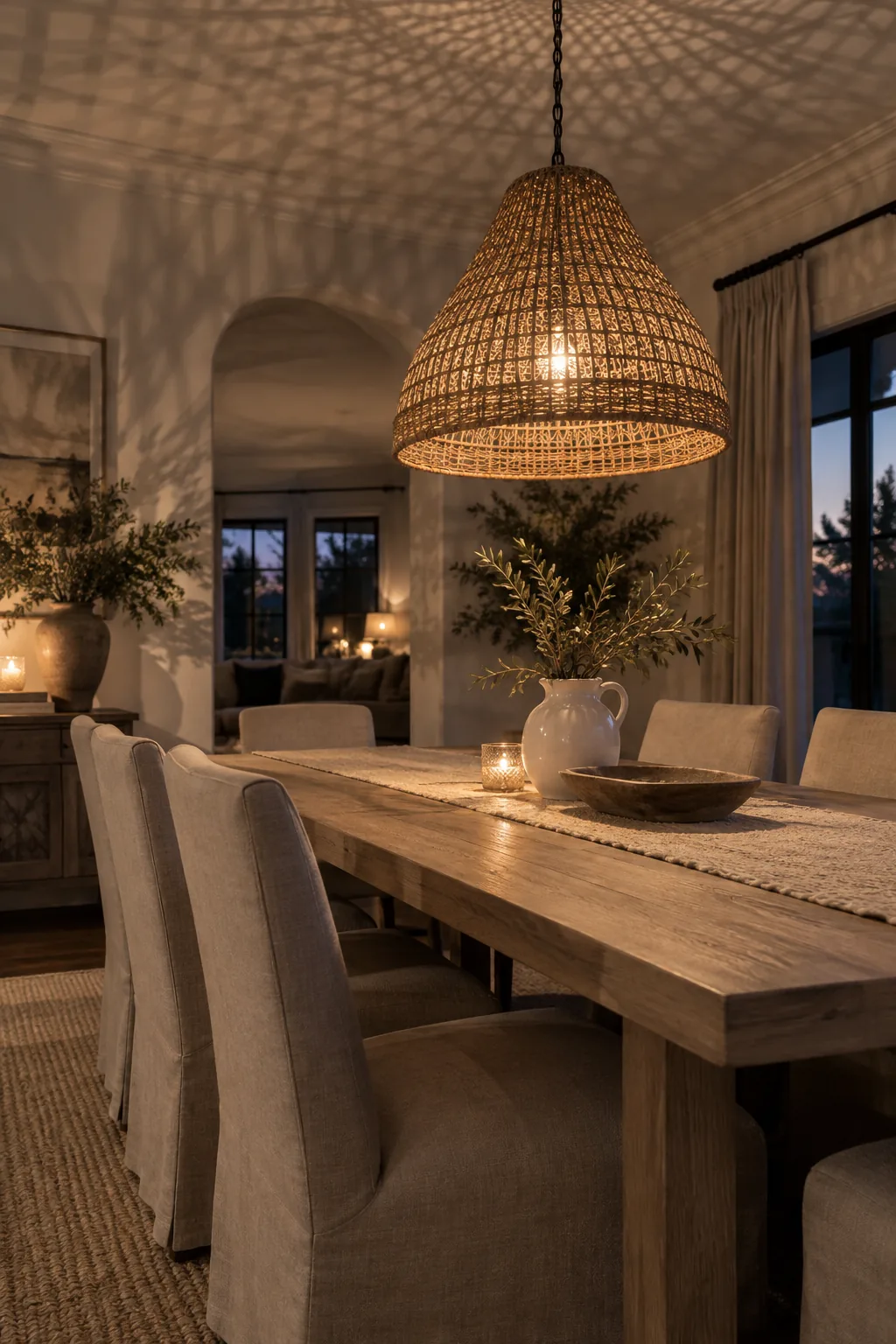 Deeply sloped rattan bell pendant light casting shadows in a dining room.