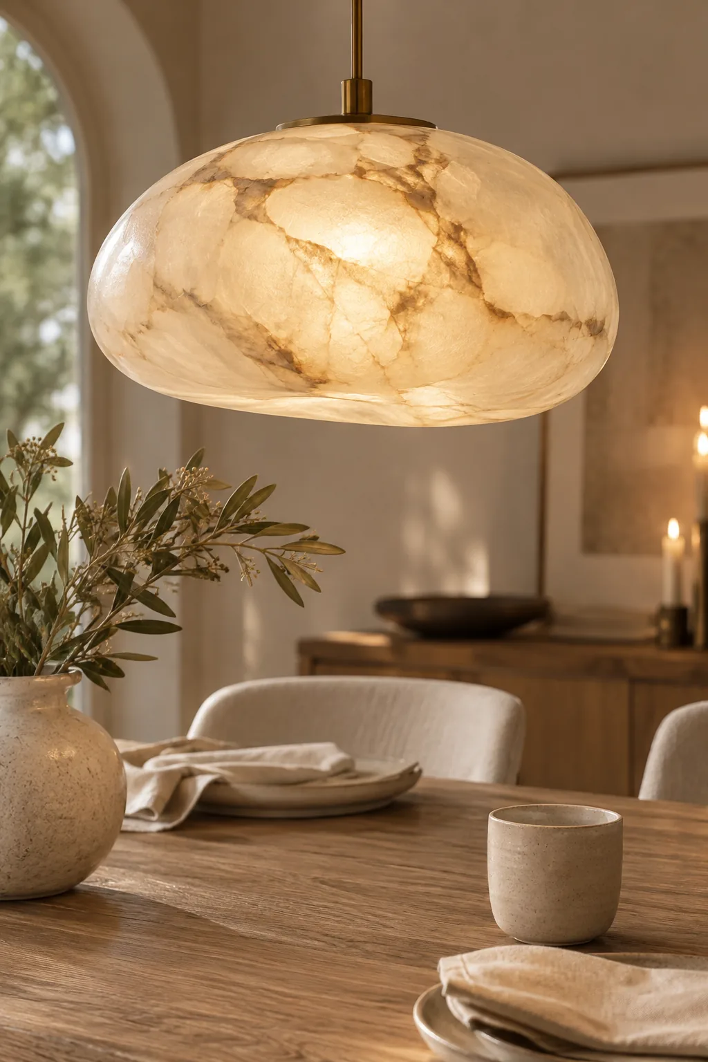 Solid alabaster stone pendant light illuminating a modern dining space.