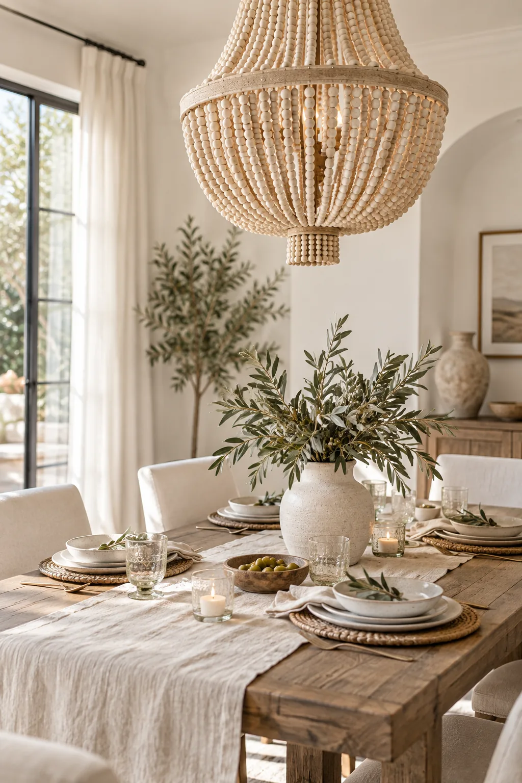 Draped wooden bead chandelier hanging over a casual dining setup.
