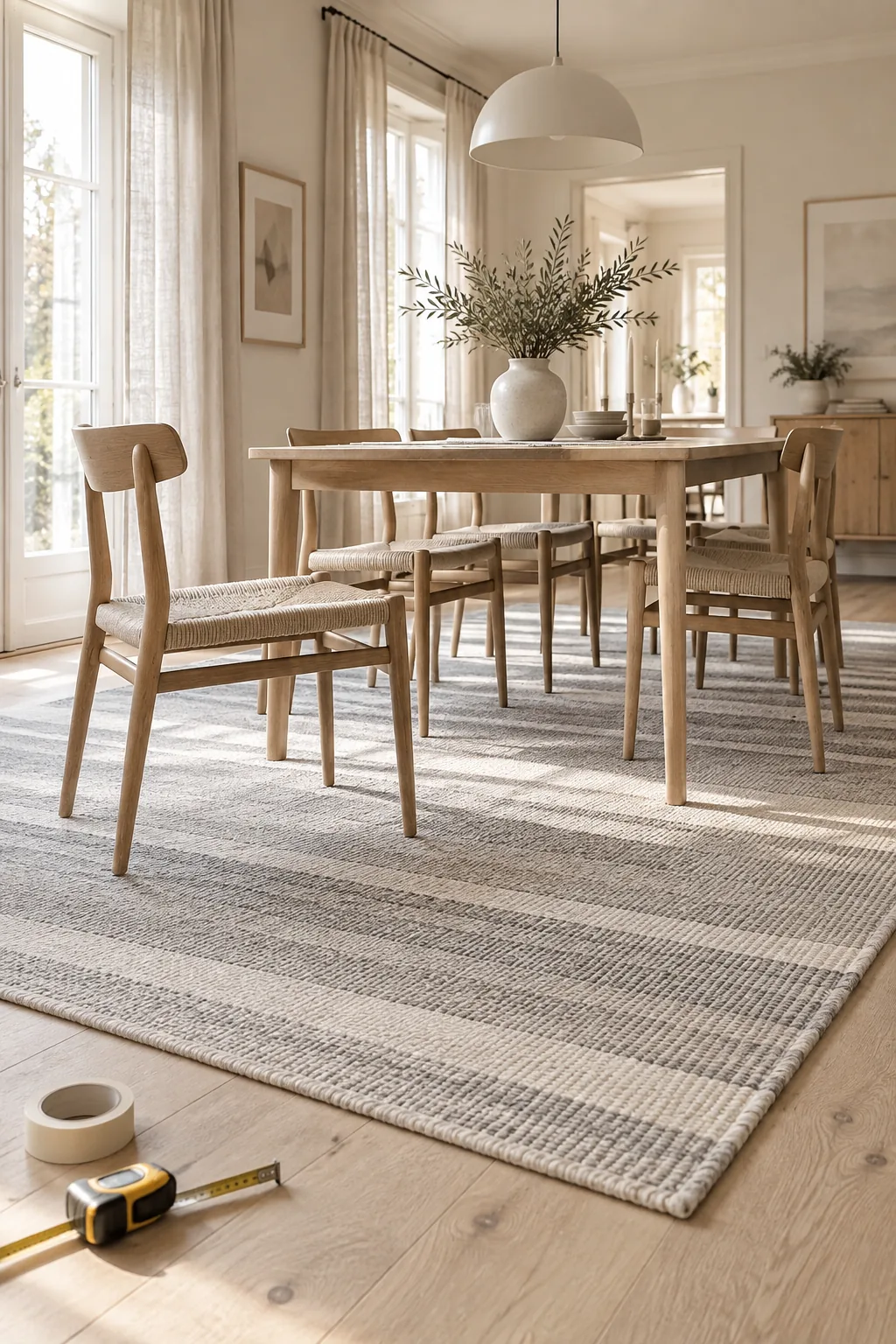 Dining room with a large flatweave rug extending well past the wooden table and chairs