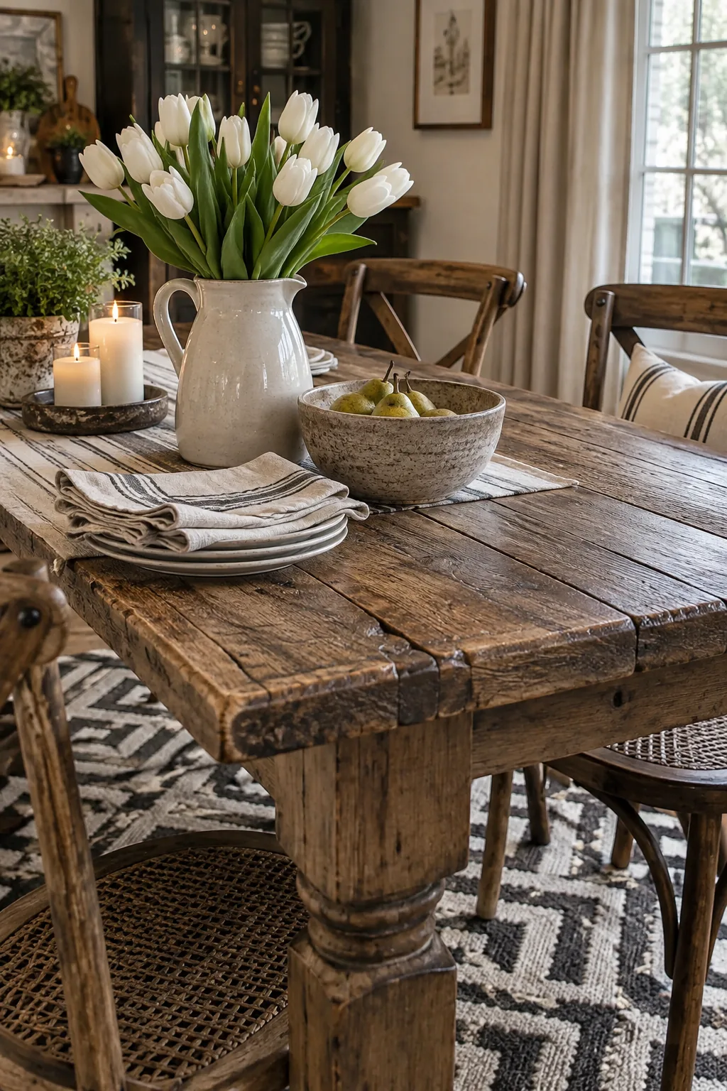 Rustic wooden dining table sitting on a black and white geometric patterned rug