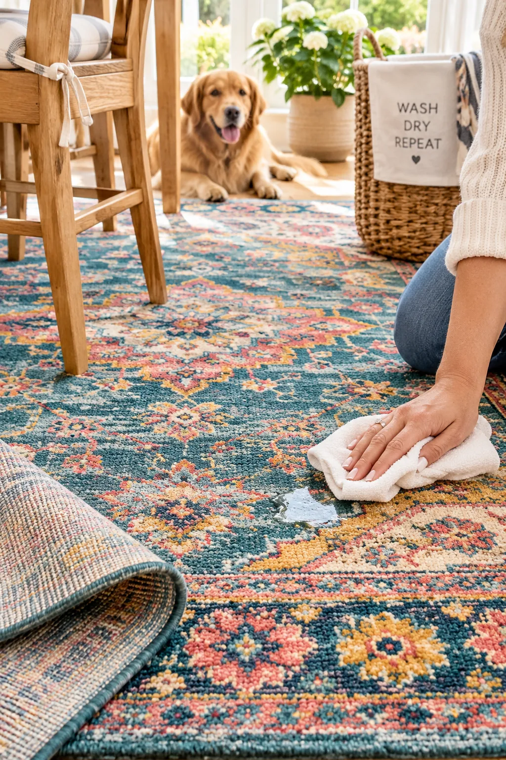 Faded vintage style rug under a dining table with a spill being wiped up