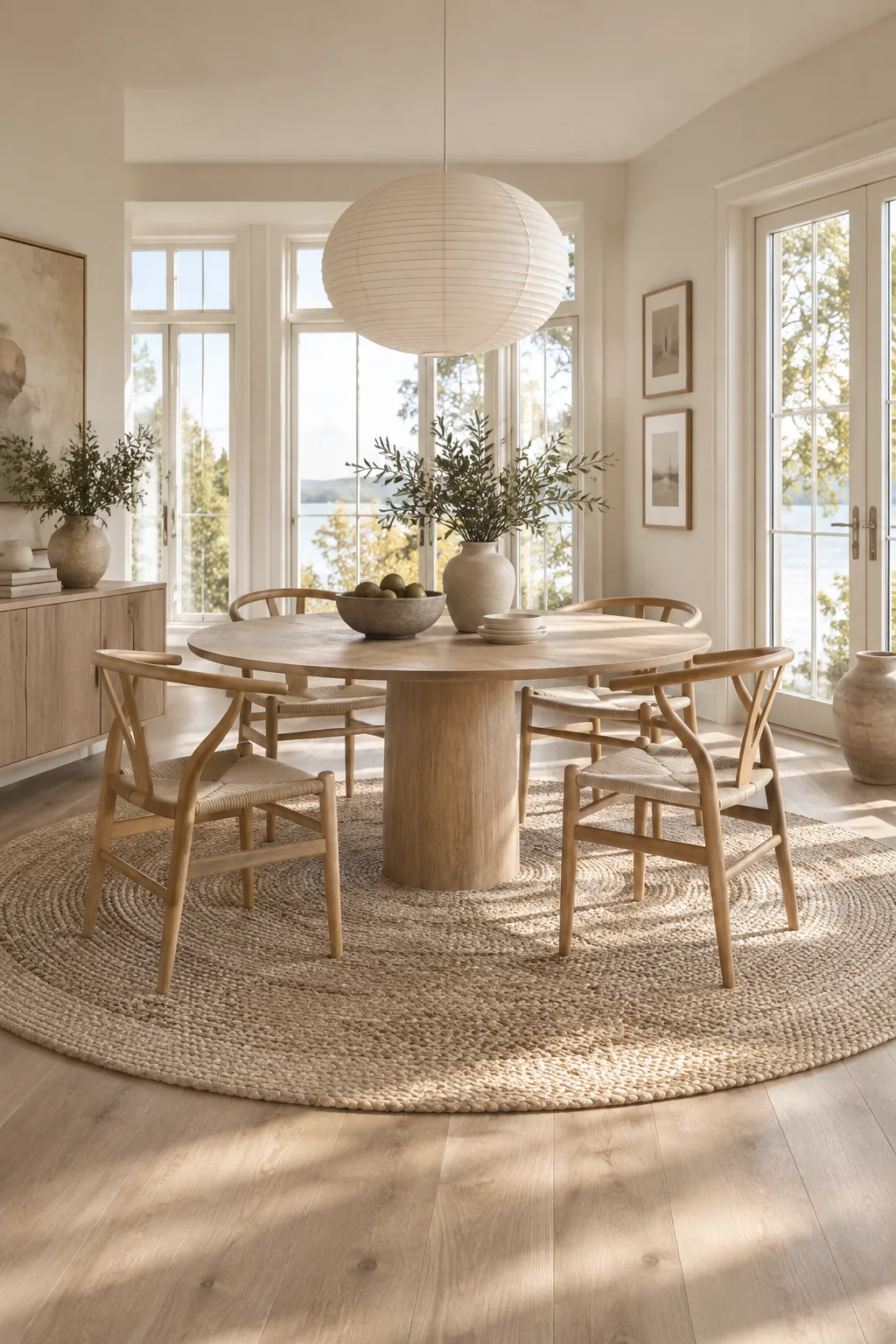 Round wooden dining table centered on a large round jute rug