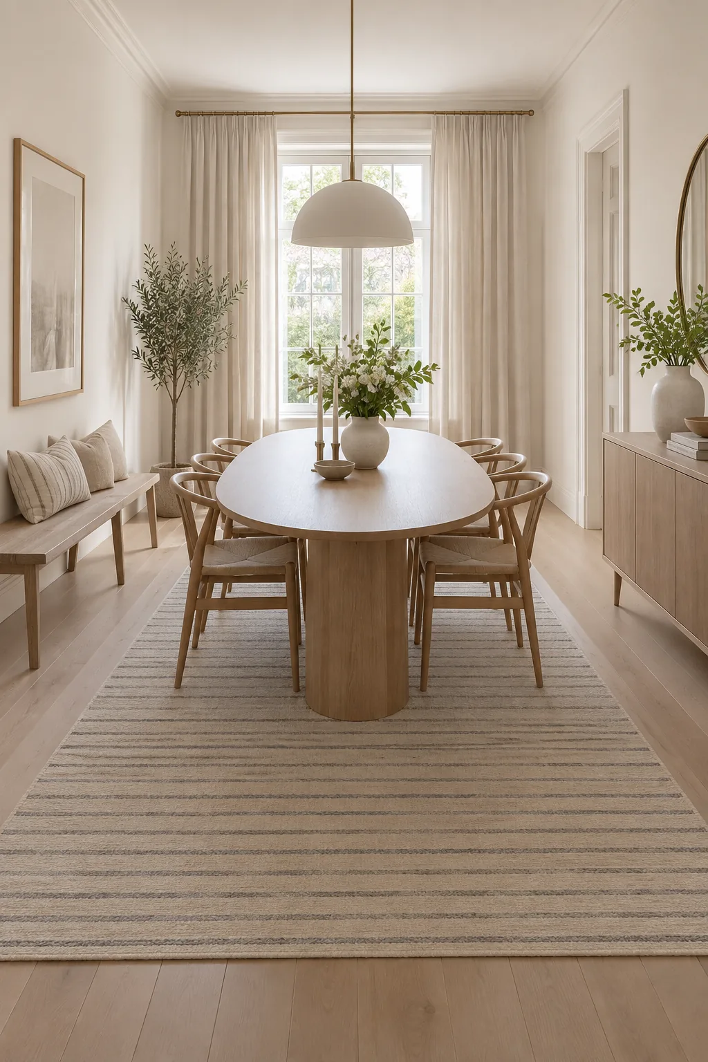 Long rectangular rug in a narrow dining room with an oval table