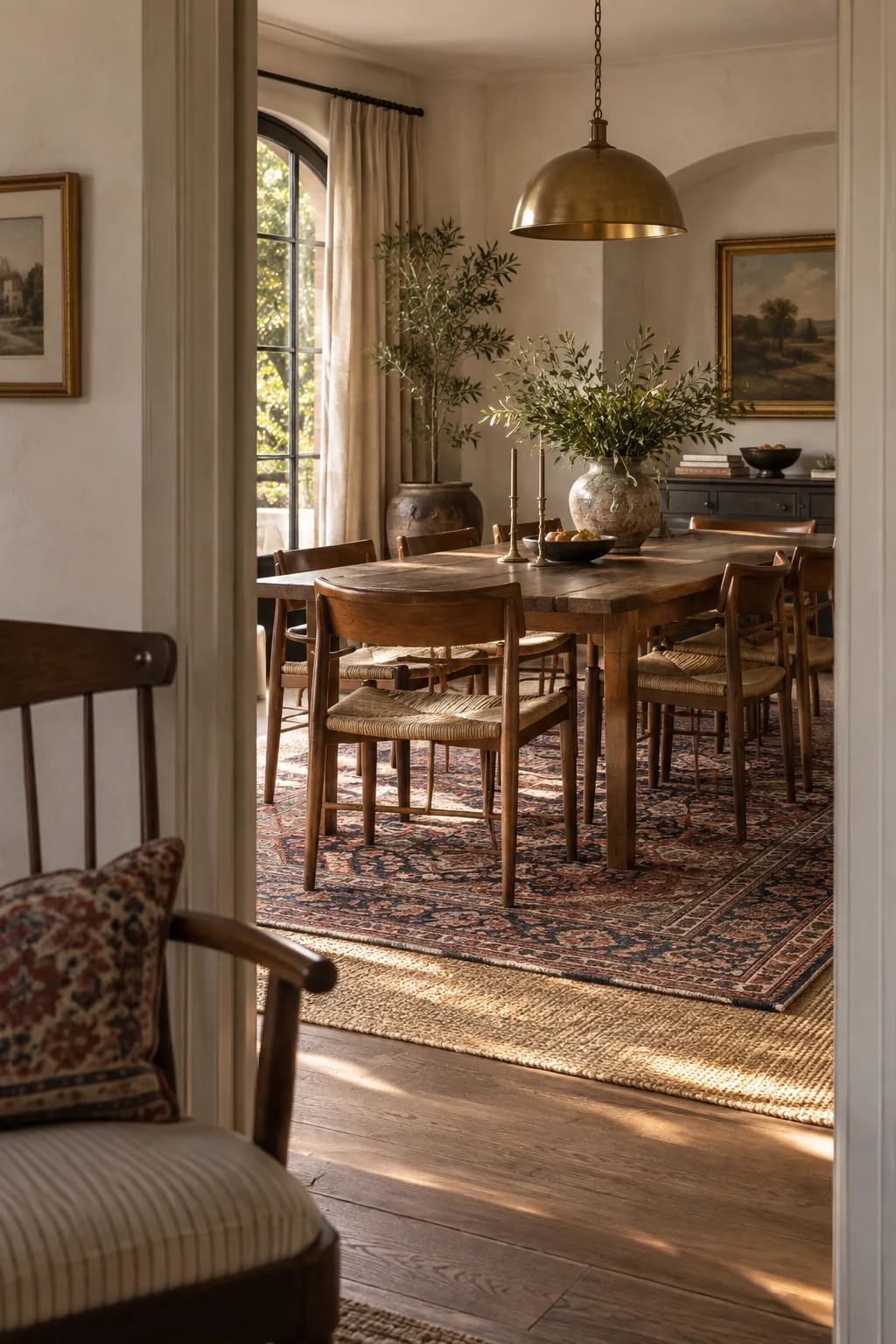 Colorful vintage rug layered over a larger natural sisal rug in a dining room