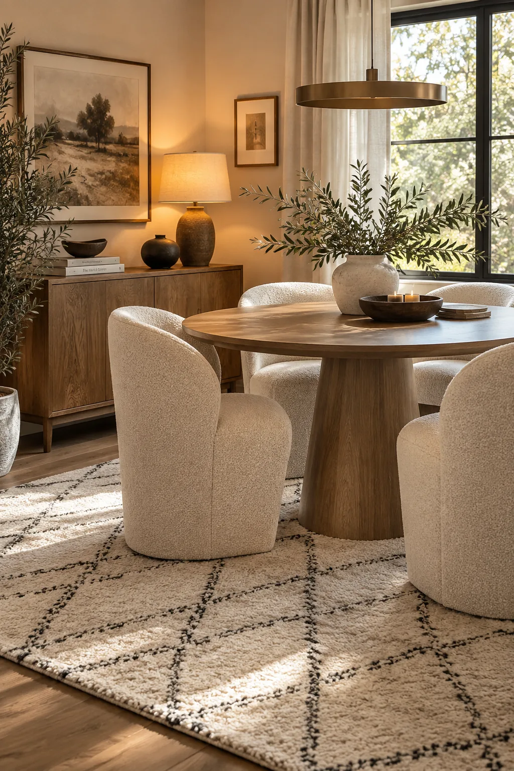 Soft Moroccan style rug under a sleek modern dining table