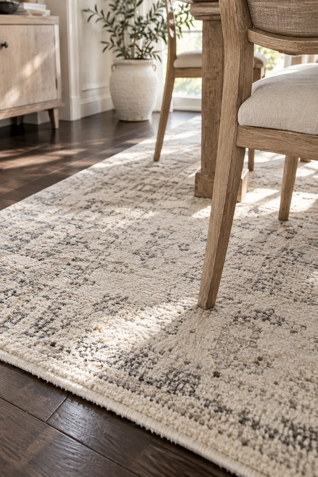Light cream distressed rug sitting on dark espresso hardwood floors
