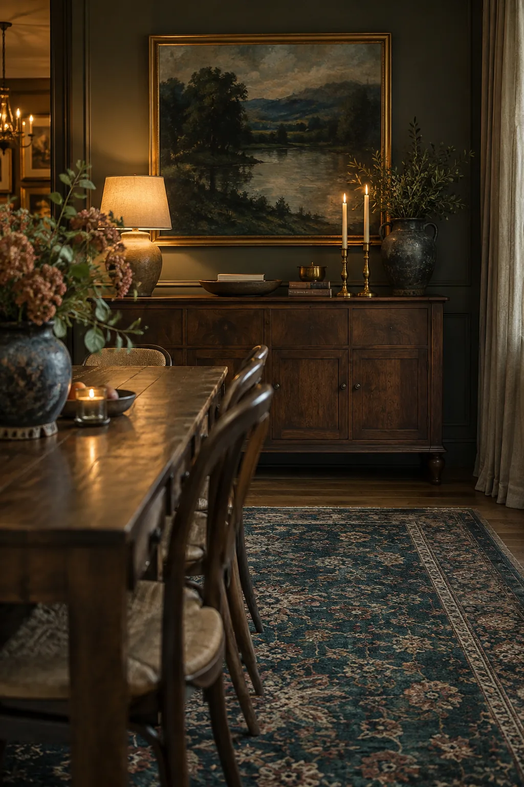 Dining room with a dark green and blue rug matching a landscape painting on the wall