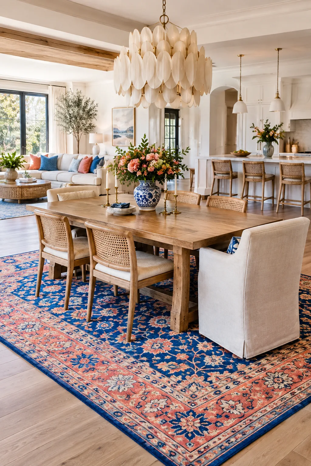 Vibrant bordered rug defining a dining area in a large open concept living space