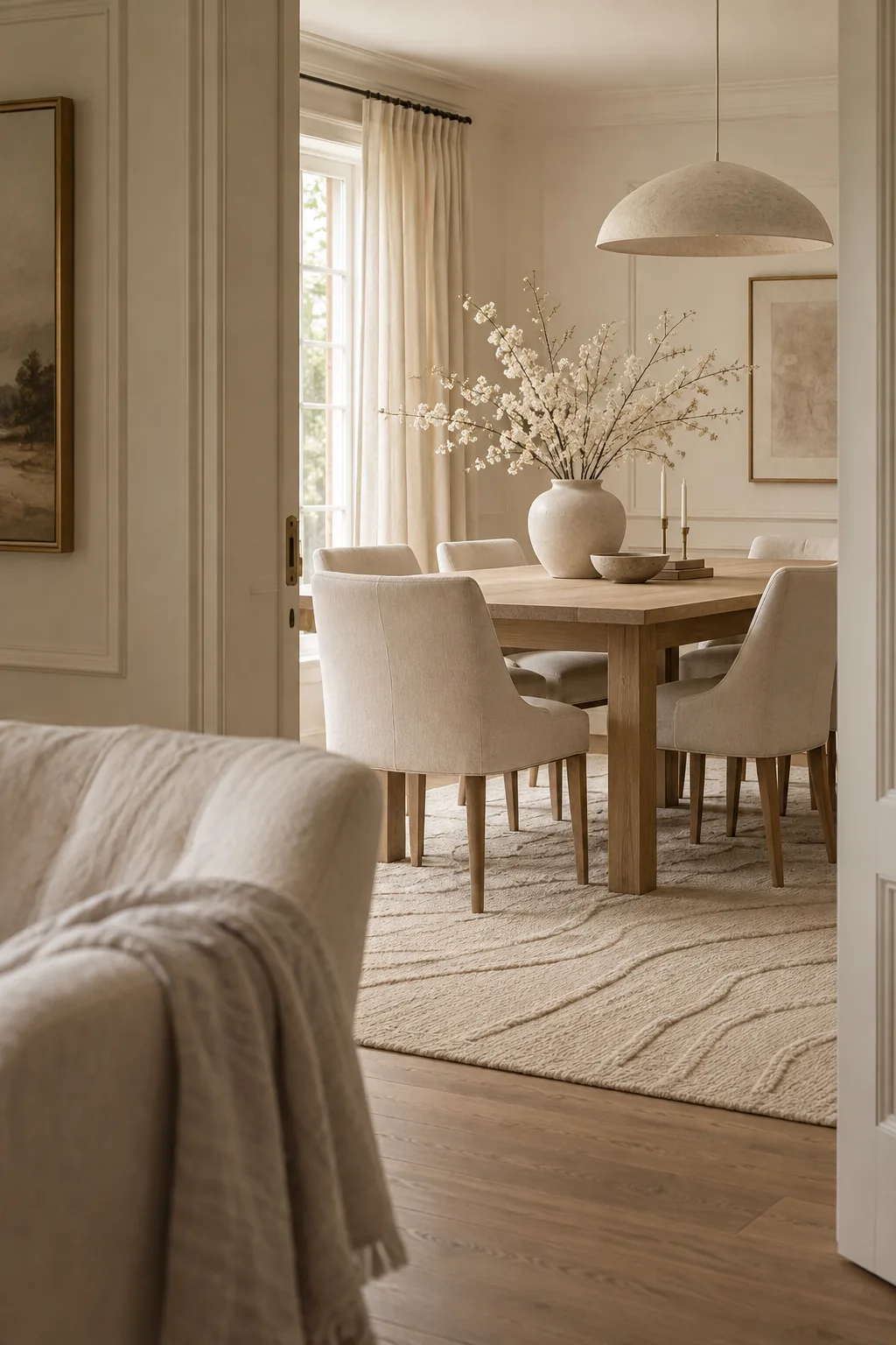 Light oak dining table on a warm beige textured wool rug