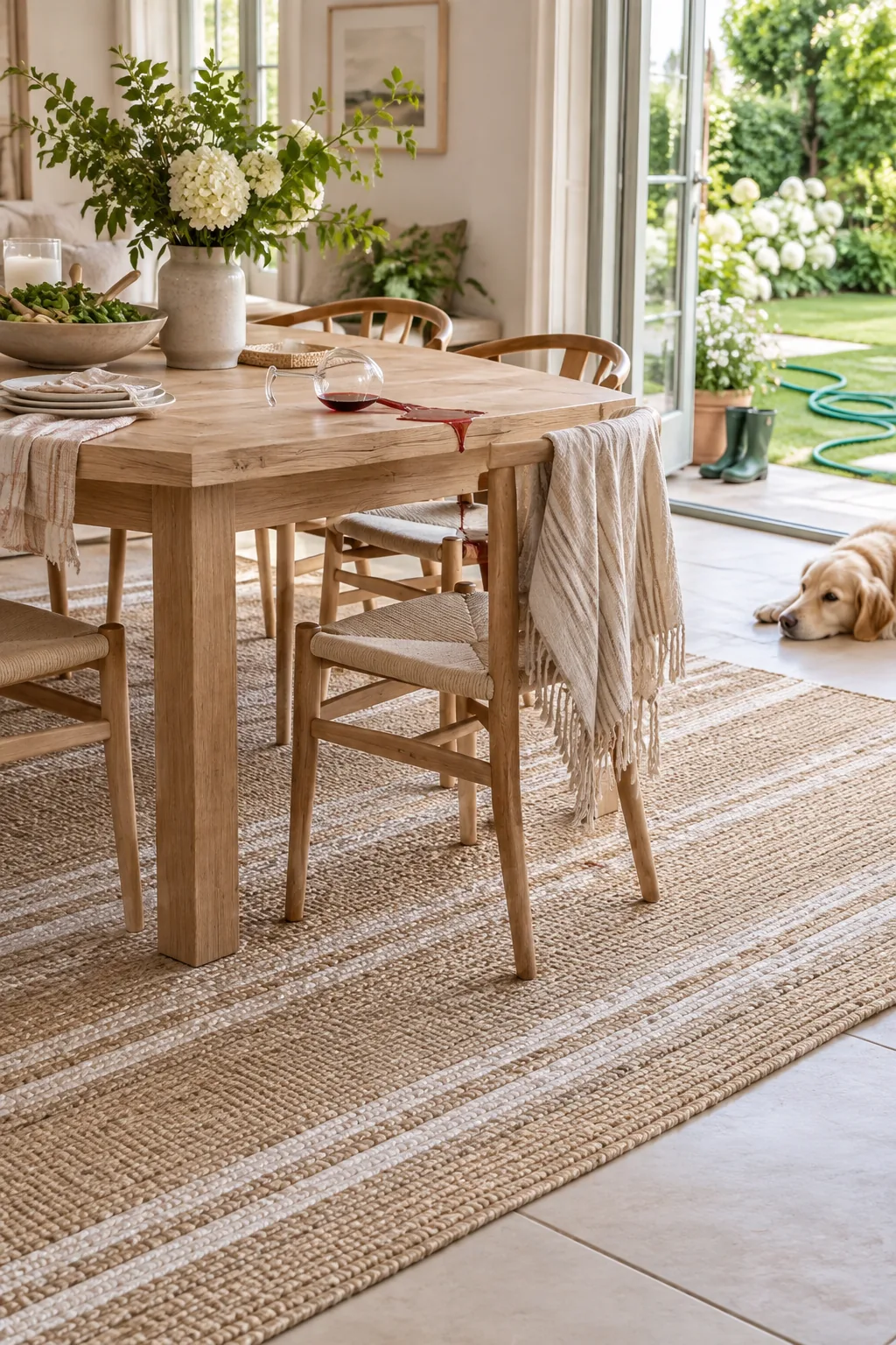 Durable indoor-outdoor rug styled under a family dining table