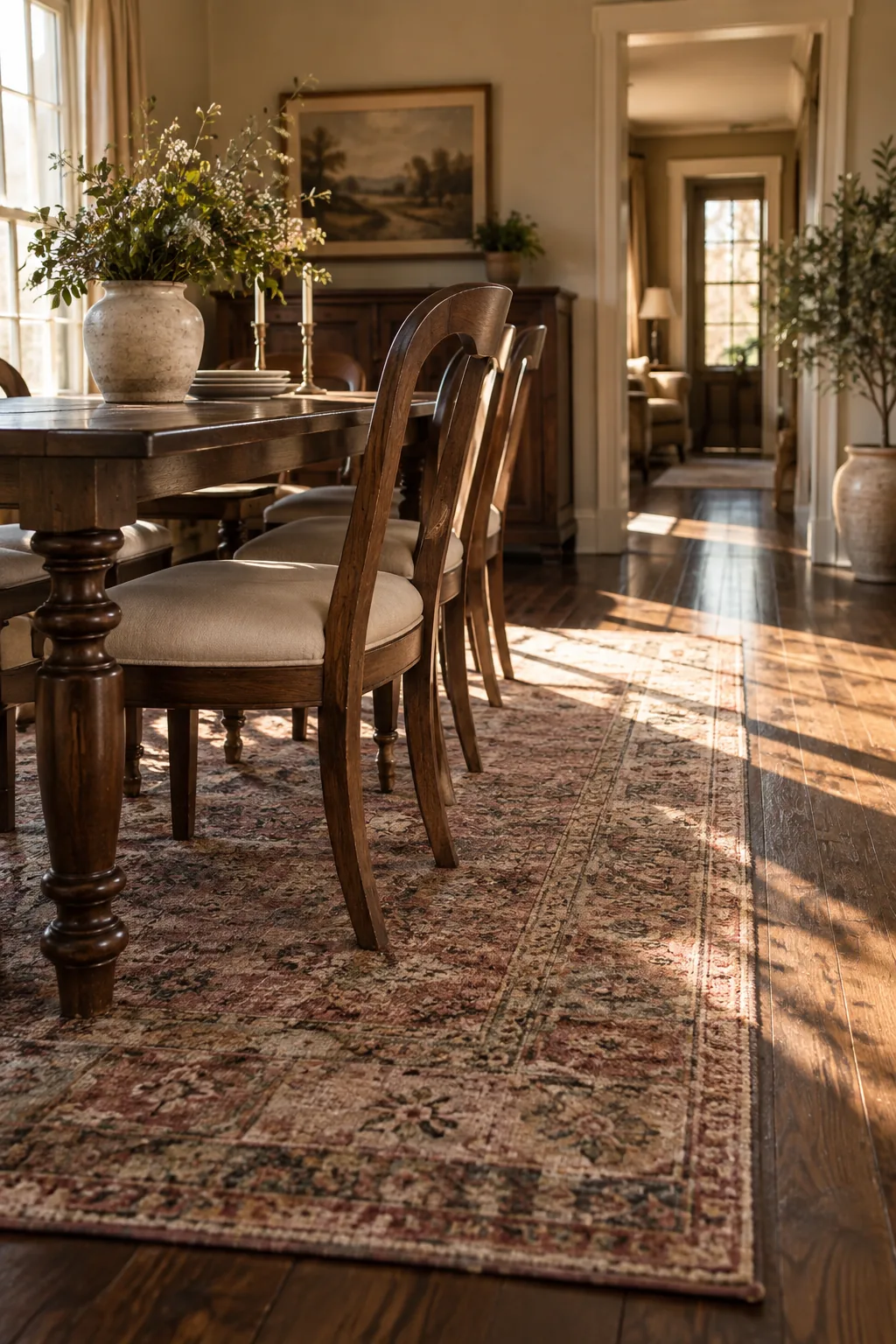 Faded Persian rug separating a dark wood table from dark wood floors