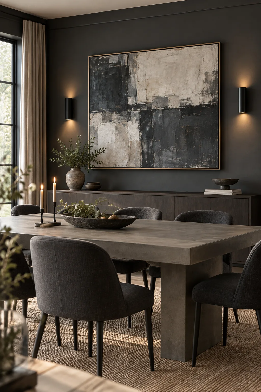 A modern minimalist dining room with charcoal walls, abstract art, and matte black sconces.