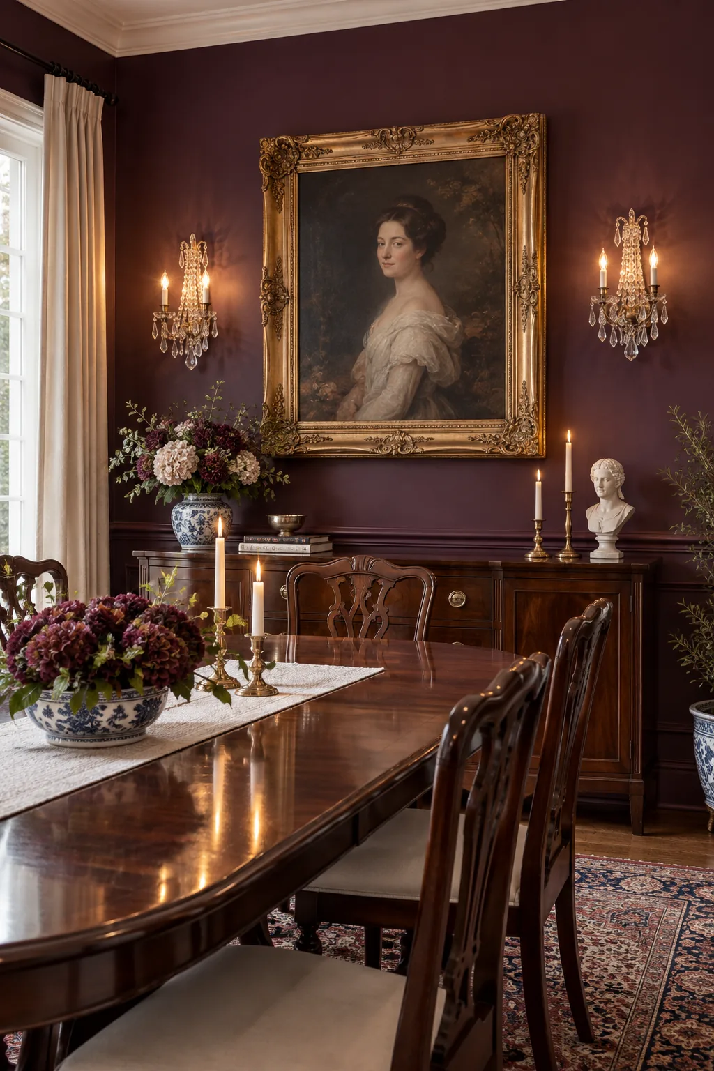 A traditional dining room with plum walls, an ornate gold framed portrait, and crystal sconces.