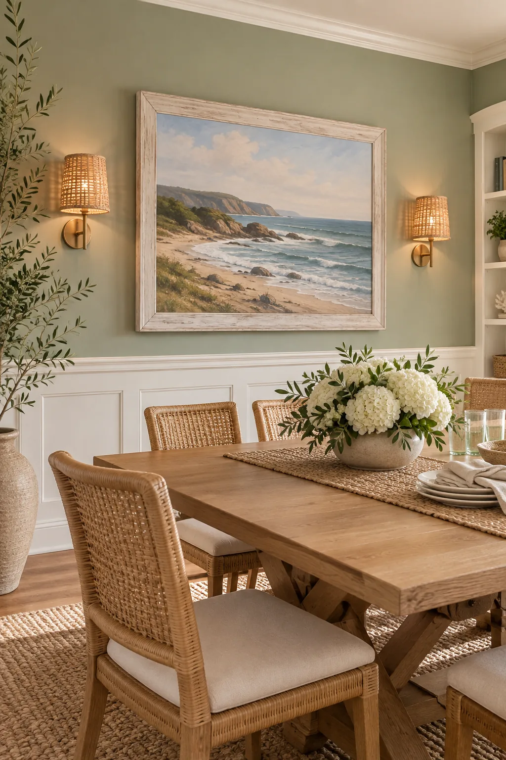 A coastal dining room with sage green walls, a seascape painting in a whitewashed frame, and rattan sconces.