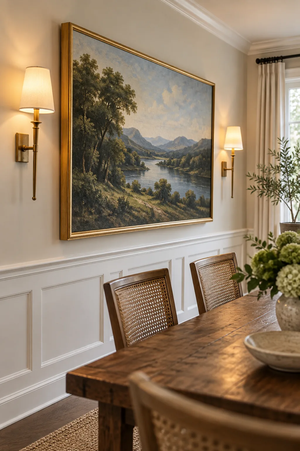 Side view of a heavy gold picture frame hanging completely flush against a dining room wall.