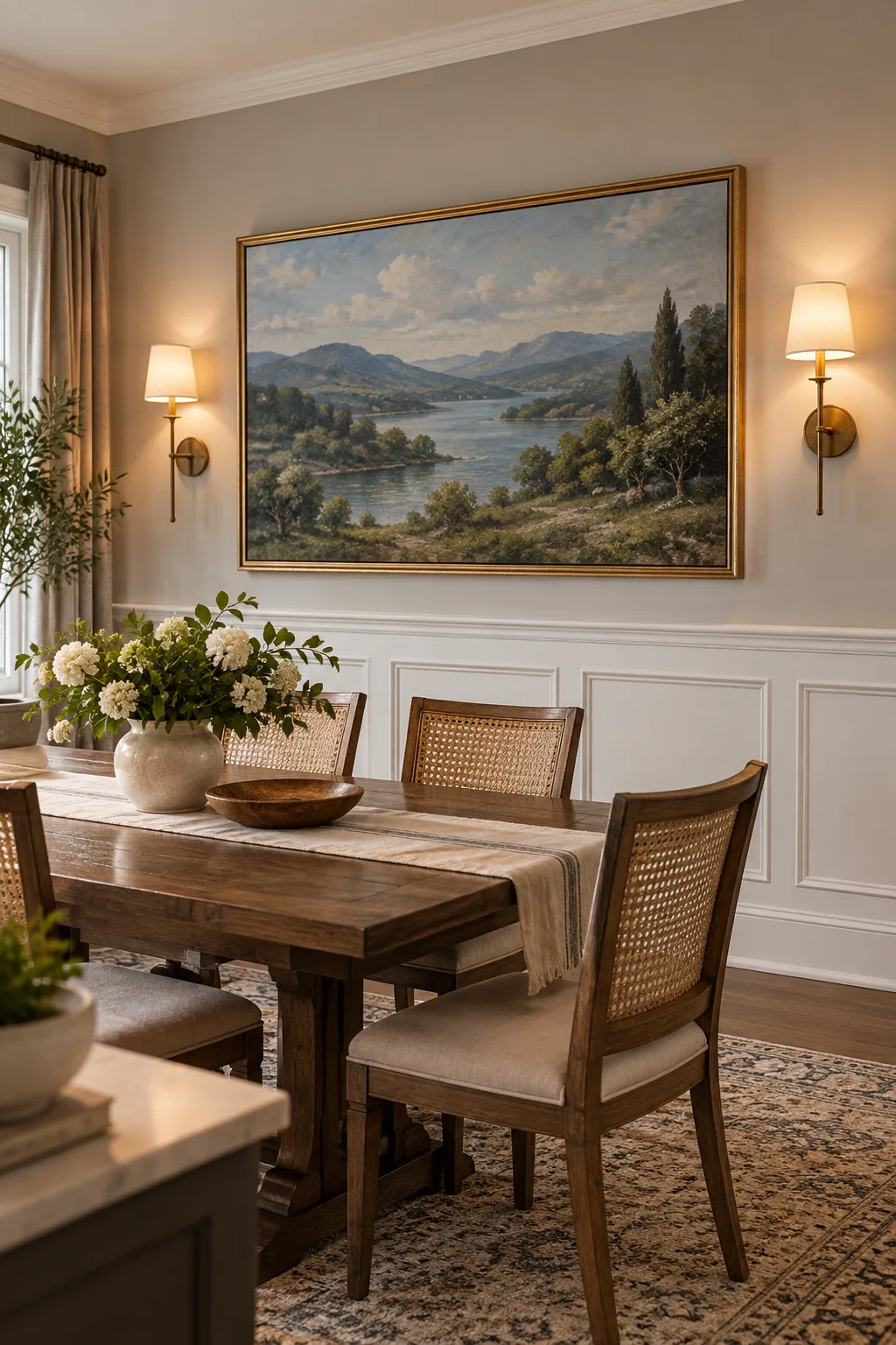 Close-up of a matte landscape painting in a dining room showing no glare from the surrounding lights.