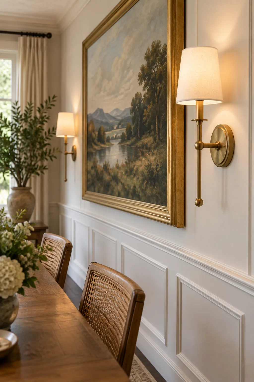 A perfectly symmetrical dining room wall featuring a centered painting above wainscoting, flanked by two brass sconces.